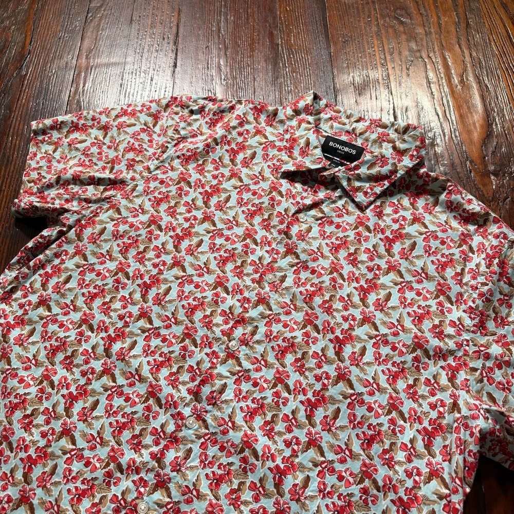 Bonobos Shirt‎ Mens 2XL Blue Red Floral Short Sleeve Button Stretch Slim Fit